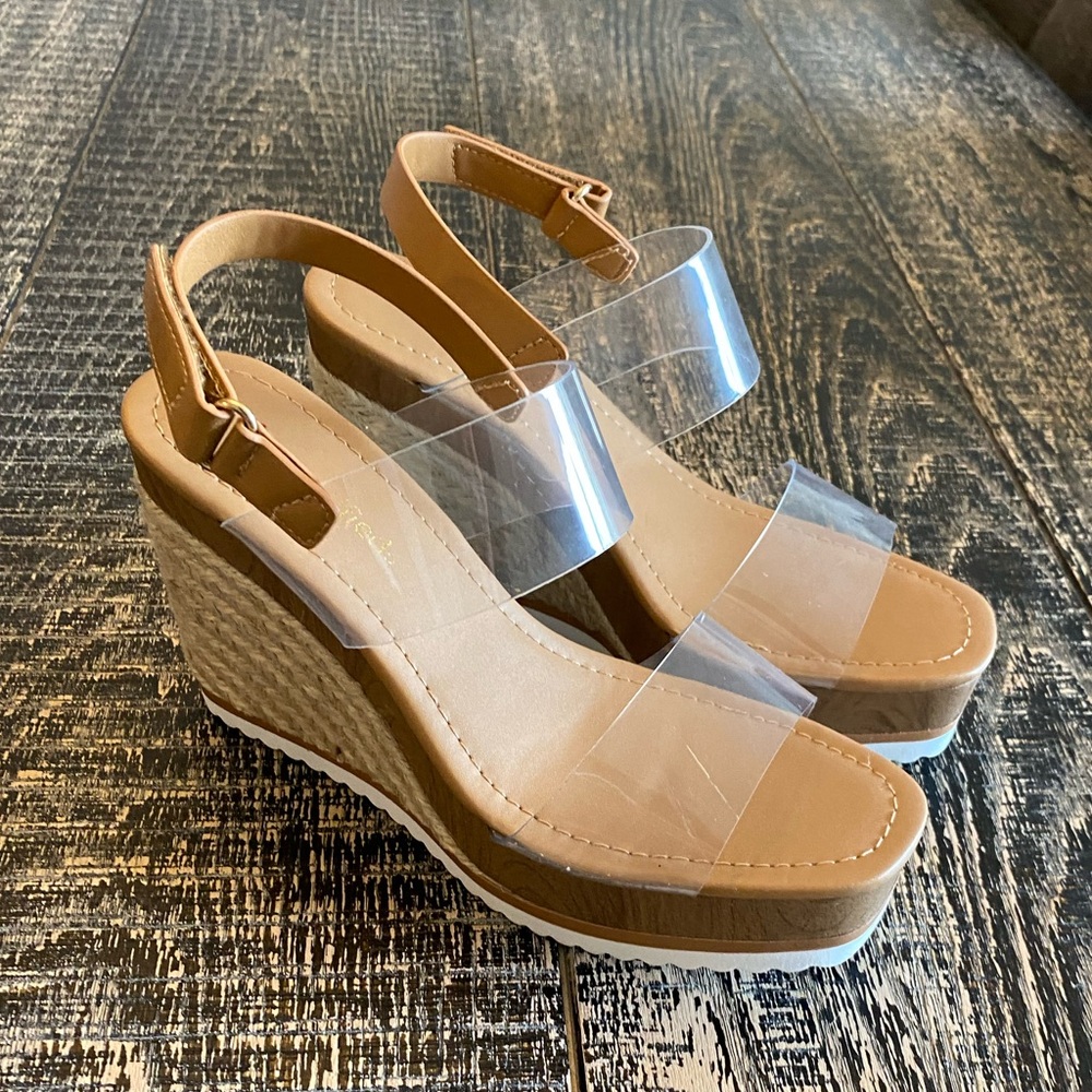 Transparent Strap Tan Wedge Heels